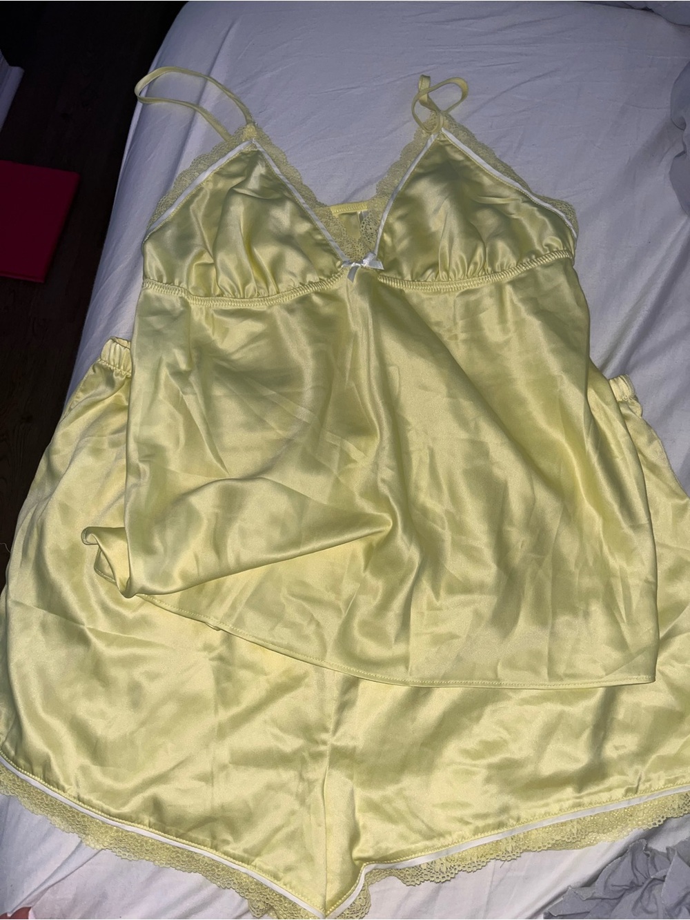 🆕 Flora Nikrooz Pale Yellow Satin Lace-Trim Cami & Short Set Sz XL